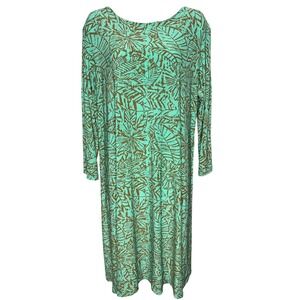 Vintage Iolani Hawaii Womens Aqua Brown Batik Floral Leaf Print Midi Dress Sz XL